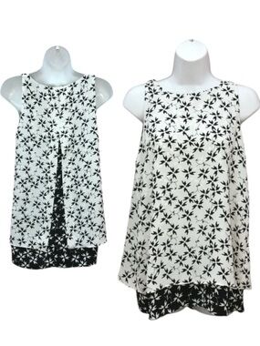 Premise Studio Layered Split Back White Black Print Sleeveless Top Womens Small